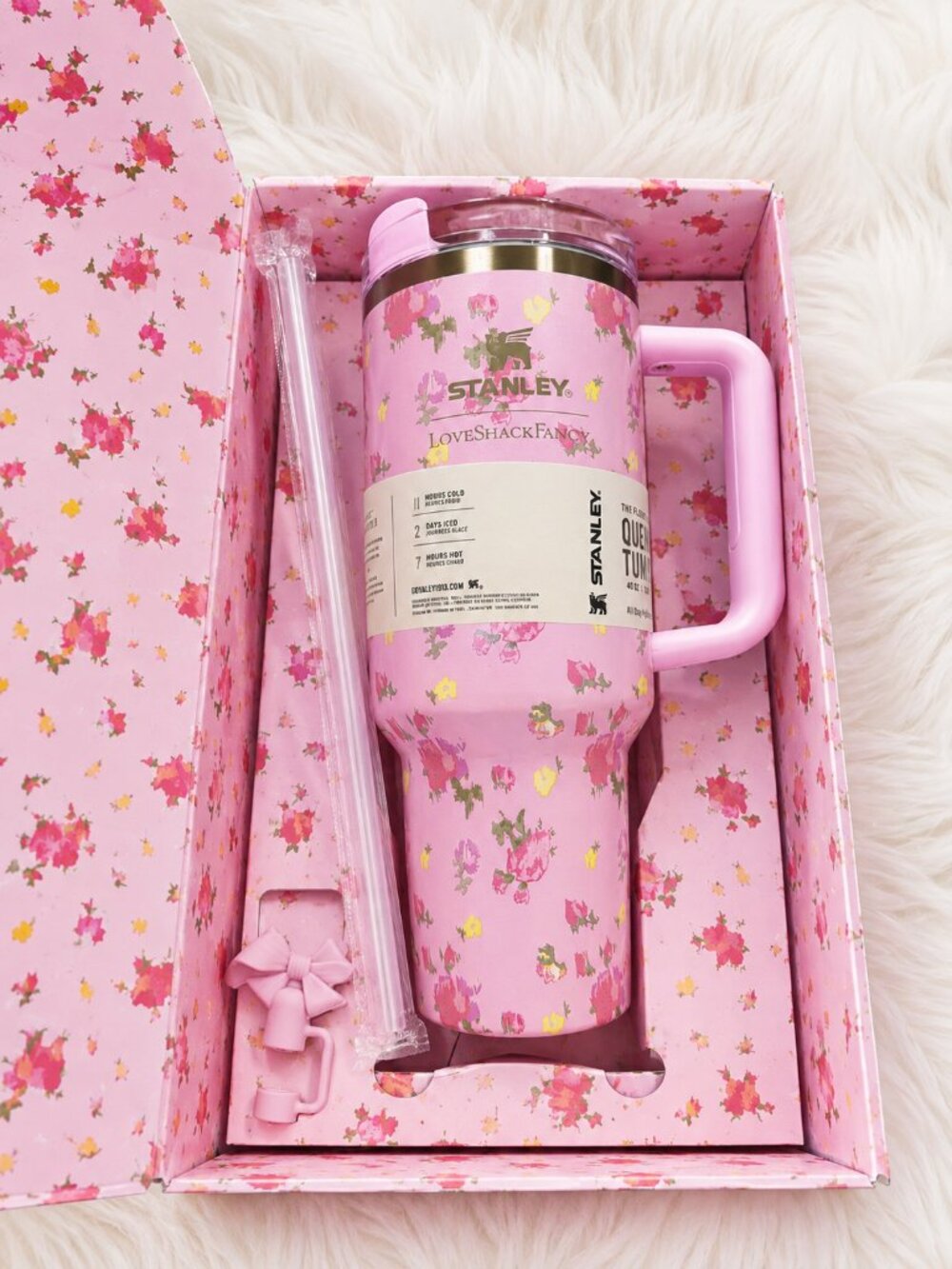 Stanley x LoveShackFancy 40oz Quencher H2.0 Floral Pink Tumbler Gift Set NWT